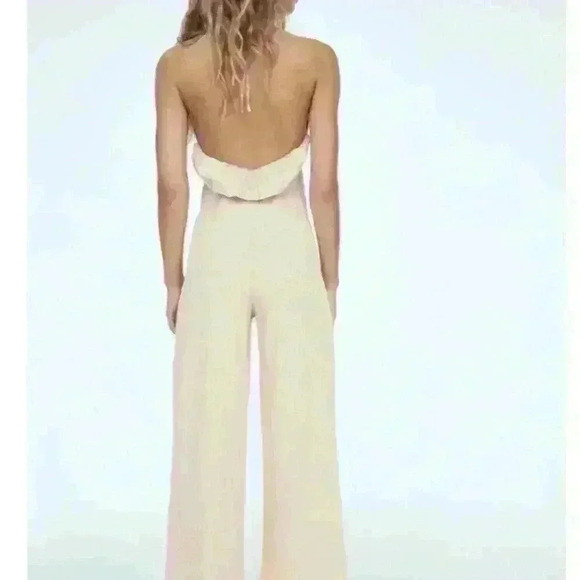 Zara Halter Wide Leg Ruffle Jumpsuit open back Cotton  Cream Beige size S - Picture 4 of 10